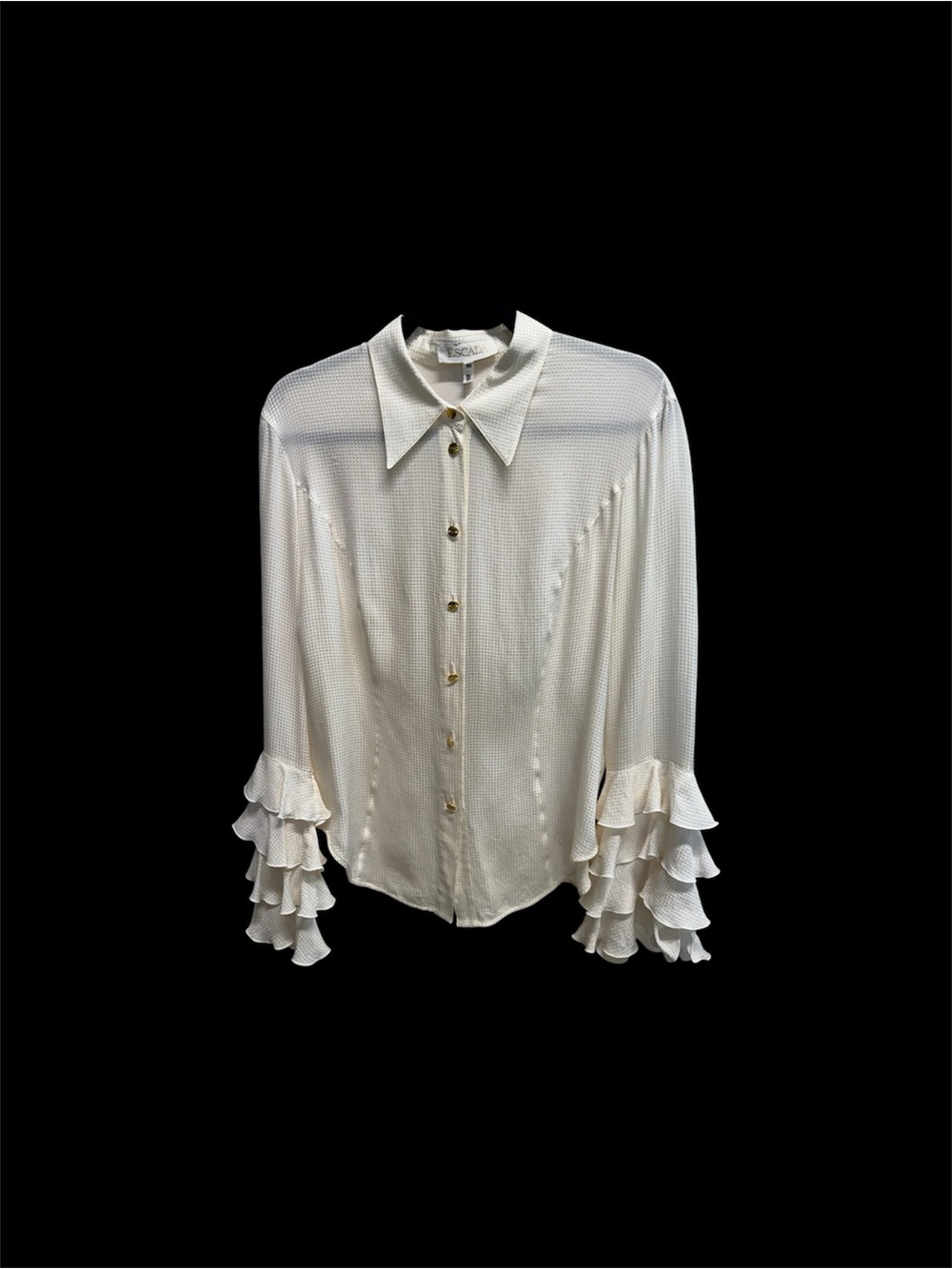 Vintage Escada Ivory Ruffle Bell Sleeve Blouse Gold Buttons Statement Blouse